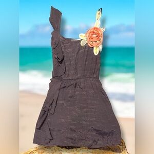 Elegant Dark Grey Dress with Floral strap Accent